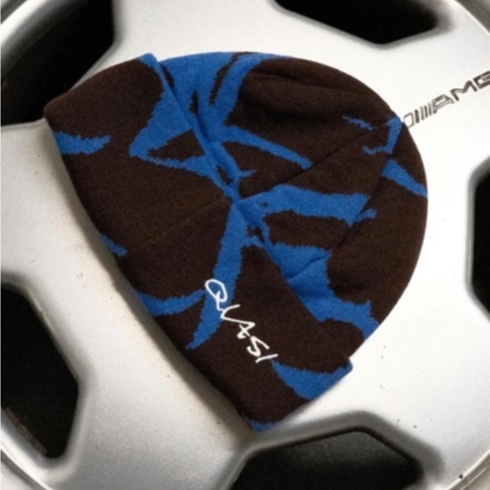 Brown & Blue Patterned Knit Beanie with Signature Detail - Picture 1 of 2